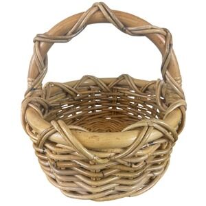 Vintage‎ Chunky Woven Rattan Reed Basket 12" Round with Handle Fruit Flowers